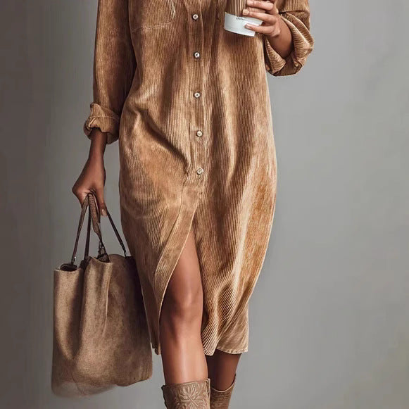Classic Solid Color Corduroy Long Sleeve Turn-down Collar Shirt Loose Long Dress