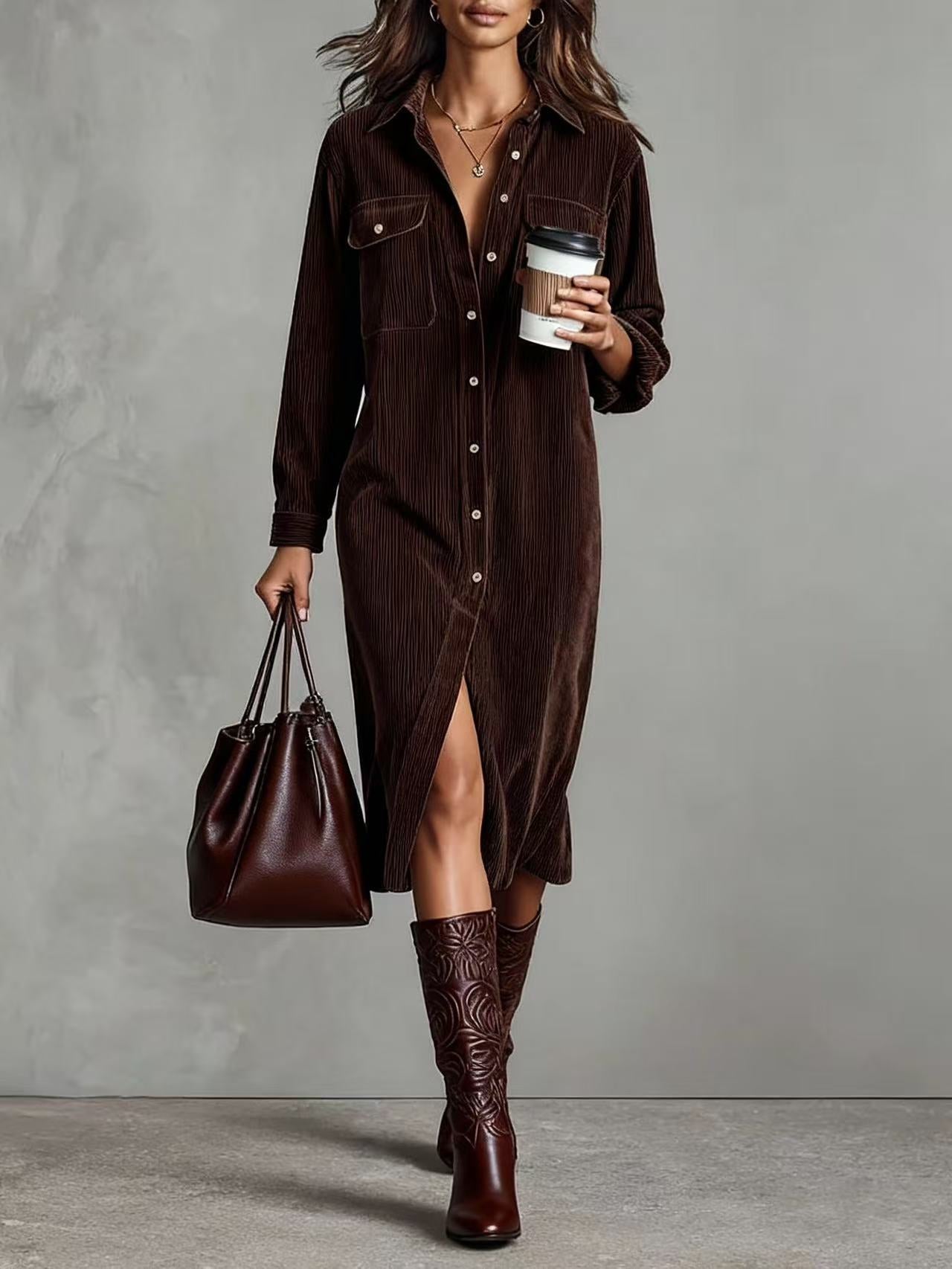 Classic Solid Color Corduroy Long Sleeve Turn-down Collar Shirt Loose Long Dress