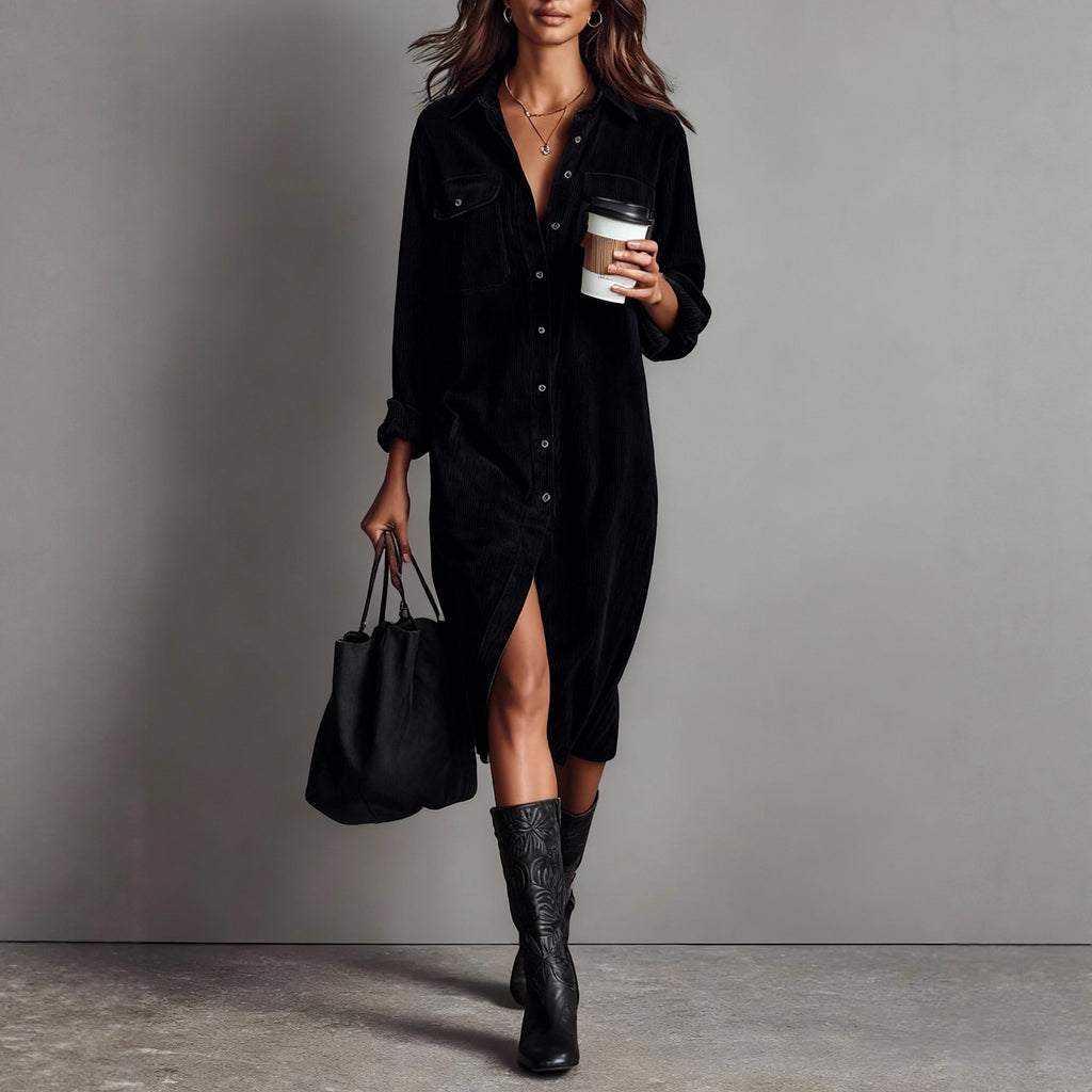 Classic Solid Color Corduroy Long Sleeve Turn-down Collar Shirt Loose Long Dress
