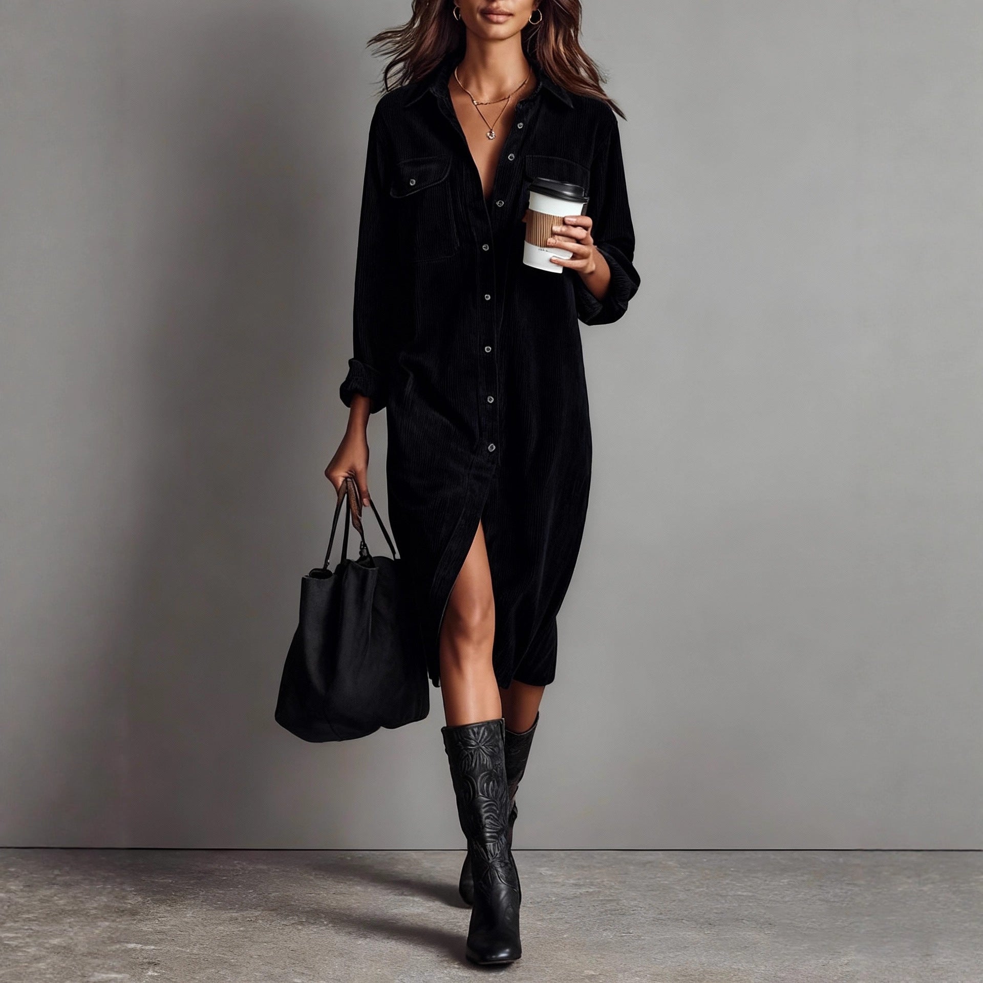 Classic Solid Color Corduroy Long Sleeve Turn-down Collar Shirt Loose Long Dress