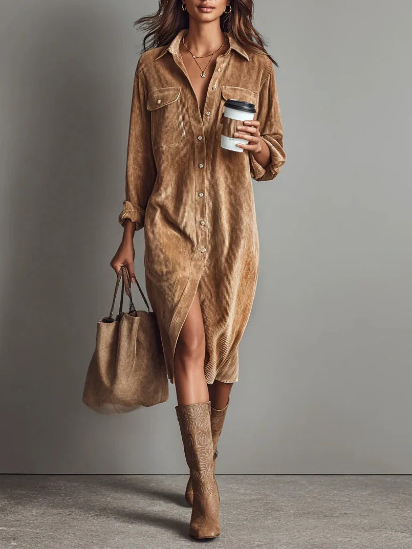 Classic Solid Color Corduroy Long Sleeve Turn-down Collar Shirt Loose Long Dress