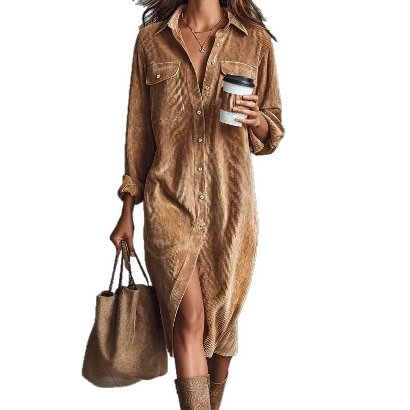 Classic Solid Color Corduroy Long Sleeve Turn-down Collar Shirt Loose Long Dress